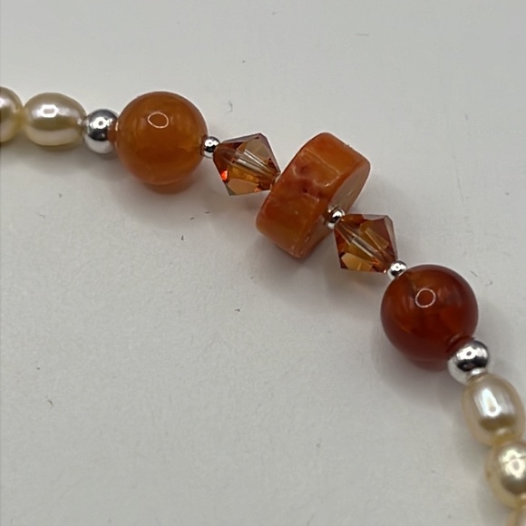 CORAL, FIRE AGATE, PEARL, CRYSTAL & STERLING SILVER ARTISAN CHOKER NECKLACE - Picture 5 of 11